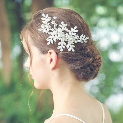 Silver Color Leaf Pearl Hair Clip For Women Wedding Hair Accessories Pearl Rhinestone Clip Headband Bride Tiara Hair Jewelry