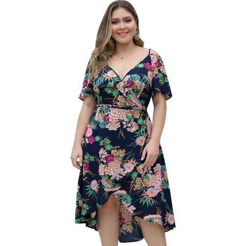 Original Design Womens Holiday Dress Fashion Floral Printed 2019 Summer Female Sexy Vestidos Cross V-neck Short Sleeve Plus 4XL