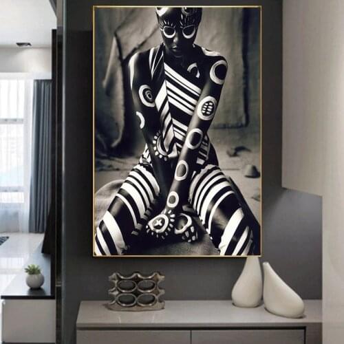 Black African Women Canvas Paintings Stripe Women Posters and Prints Wall Art Pictures for Living Room Wall Decoration Cuadros
