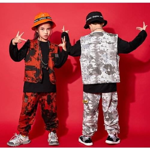 Children Hip Hop Clothes Red/Gray Camouflage Vest Tops Pants 3Pcs Suits Modern Street Ballroom Dancing Costumes Boys Cool BL5372