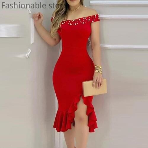 Women Slash Neck Beads Design Side Slit Ruffles Party Dress Elegant Off Shoulder Irregular Red Dress