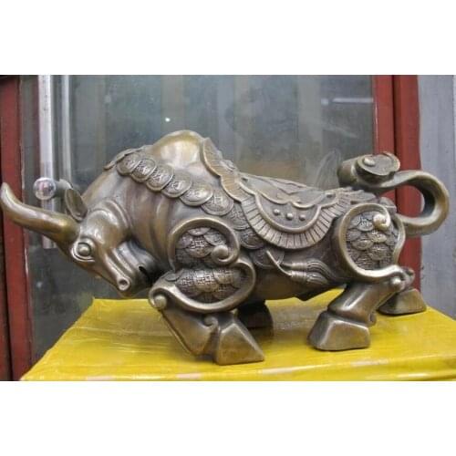 9" Chinese Folk Bronze Copper Ruyi Lucky Wealth Coin Cattle bull Wild ox Statue