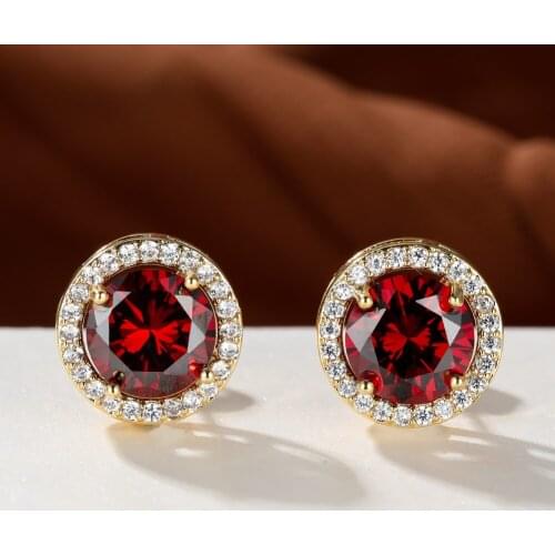 Gold Cute Round Piercing Stud Earrings for Women Vintage Red / Blue Zircon Earrings Female Ear Studs Jewelry Wedding Party Gift