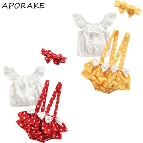 2021 0-24M Sweet Baby Girl Clothing Set White Solid Ruffle Collar Sleeveless Top Blouse+Dot Print Straps Bow Tutu Shorts 3pcs