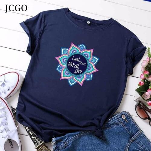 JCGO Summer Cotton T-Shirt Women Plus Size S-5XL Graphic Flower Print Female Short Sleeve Tshirts Casual Fashion Tops Tees