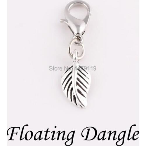 20pcs/lot Hot Sale Alloy Metal Silver Leaf Dangle Charm With Lobster Clasp For Living Locket