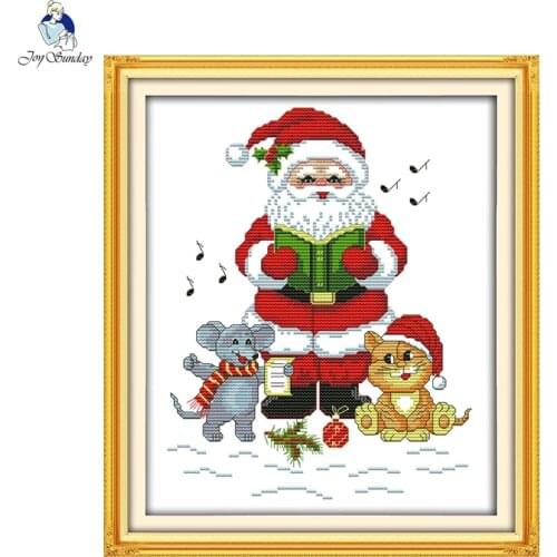 Joy sunday Cartoon Style Santa Claus with Cat and Mouse Cross Stitch Pattrens Embroidery Kits Easy Counted for Beginners