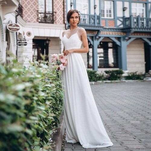 Jiayigong Wedding Dresses Vestido De Noiva Cheap Sheer O Neck Short Sleeves Pearls Chiffon Robe Mariee Beach Bridal Dress