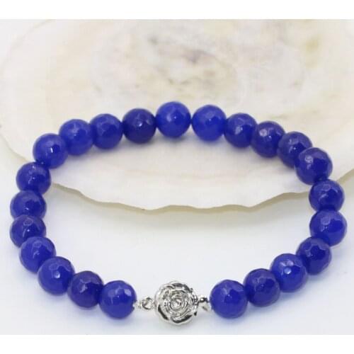 Wholesale price 8mm blue stone jades chalcedony faceted round beads bracelets for women charms chalcedony jewelry 8inch B2710