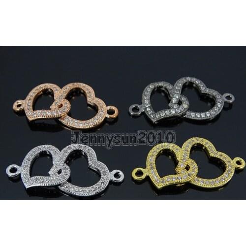 Clear Zircon Gems Stones Pave Linked Hearts Bracelet Connector Charm Beads Silver Gold Rose Gold Gunmetal 10Pcs/Pack
