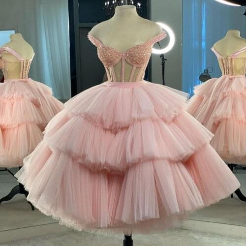 Pink Ball Prom Dresess Off the Shoulder Beaded Women Party Gowns Tiered Skirts Pluffy Customize Robe De Soirée