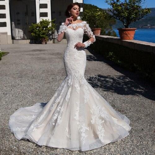 Mermaid Long Sleeves Wedding Dresses Vestido De Novias O Neck Lace Appliques Button Bridal Wedding Gown Marriage Plus Size
