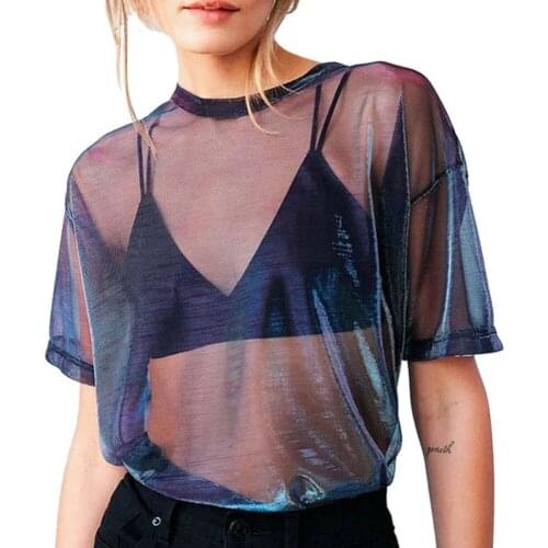 Sexy See Through T Shirt Women Sheer Mesh Fish Net Short Sleeve O Neck Crop Top T-Shirt Summer Lady Clubwear
