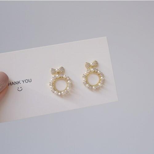 14k Real Gold Plated Fashion Jewelry Bowknot Micro-inlaid Zircon Pearl Lovely Simple Exquisite Daily Stud Earrings for Woman