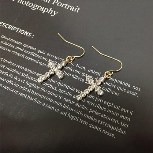 Lovely Shiny Gold Crystal Cross Drop Fishhook Earrings For Women Girl Lady Gift Pretty Rhinestone Party Decoration