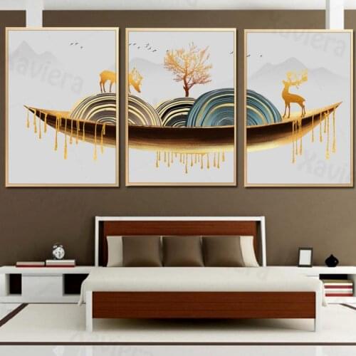 Modern Luxury Home Decor Canvas Painting Abstract Golden Scenery Deer Boat Decor Poster Wall Art Living Room Interior Decor