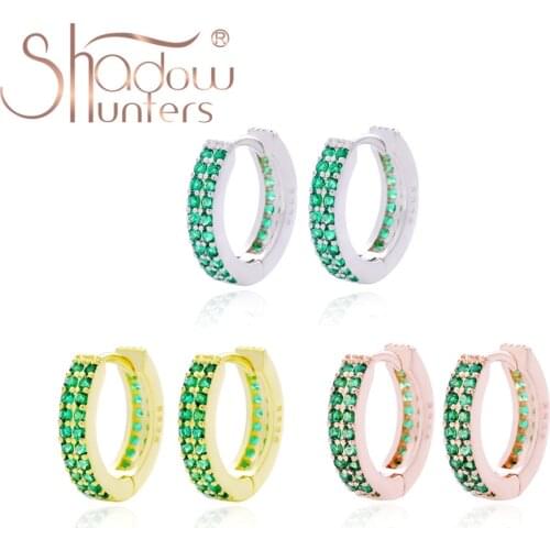 SHADOWHUNTERS Authentic 925 Sterling Silver Green Zircon CZ Huggies Hoop Earrings Party Circle Earrings Set Trendy Women Schmuck