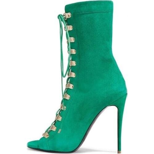 Sexy Green Suede Runway Boots Peep Toe Lace-up Gold Metal Decoration Gladiator Heels Sandals Boots Women High Heel Dress Shoes