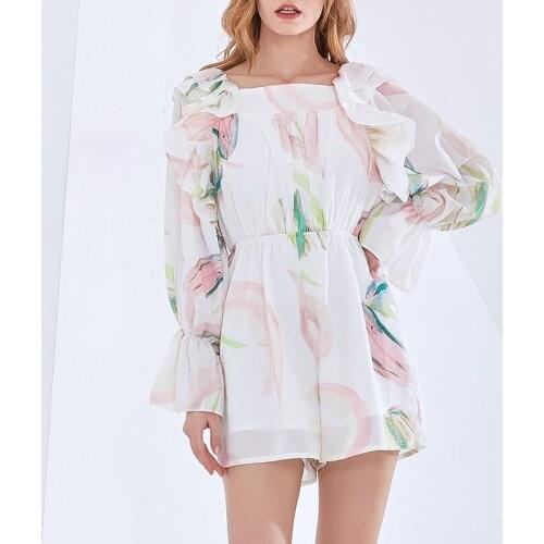 2021 Women Printed Ball Gown Dress Square Neck Ruffled Long Sleeve High Waist Lace Contrast Color Jumpsuit Pants, Ladies Costume