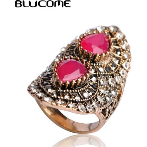 Blucome Retro Style Royal Design Large Size Ring Green Vintage Turkish Big Wide Ring Alloy Jewelry For Women Girl Party Bijoux