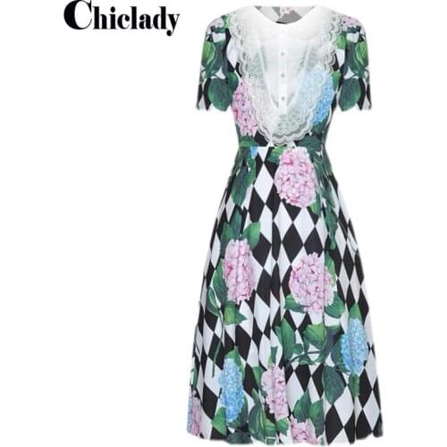 CHICLADY green Hydrangea flower printed knee length dress women floral prairie chic patchwork lace buttons elegant dresses femme
