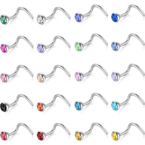ZS 20pcs CZ Stainless Steel Nose Studs And Rings Lot 18G Nose Piercing Septum Studs For Unisex Body Piercing Fashion Jewelry