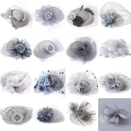 16design Handmade Grey Fascinator Flowers Church Pillbox Hat Veils Hair Clips Cocktail Weddings Party Women Hairpiece