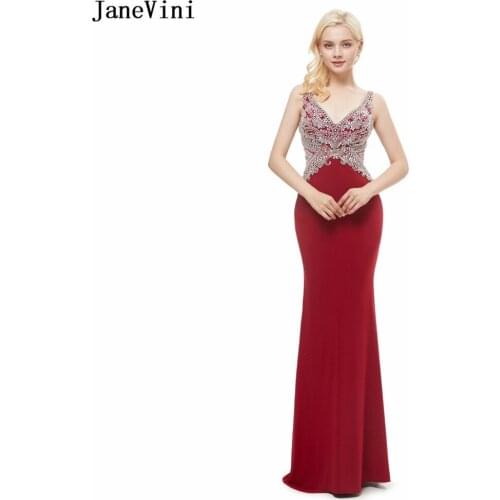 JaneVini Satin Long Bridesmaid Dresses 2018 Sexy Deep V Neck Backless Luxurious Beading Mermaid Burgundy Prom Gowns Floor Length