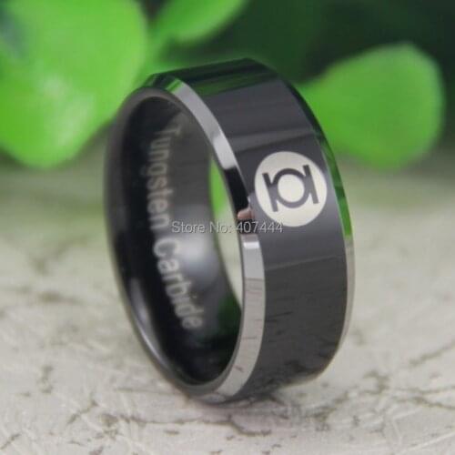 Free Shipping USA UK Canada Russia Brazil Hot Sales 8MM Green Lantern His/Her Black Silver Bevel New Mens Tungsten Wedding Ring