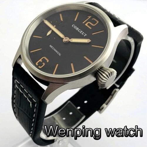 Corgeut 43mm silver case sapphire glass black dial luminous hands17 jewelry 6497 movement leather strap mens top luxury watch