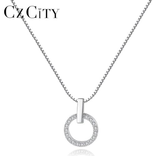 CZCITY Minimalist Circle Round Pendant Necklace for Women with Shining Tiny Zircon Charming Pendant Necklace Silver 925 Jewelry