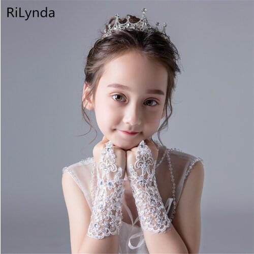 Lace-studded childrens wedding flower girl dress gloves fingerless girls show dance gloves decoration