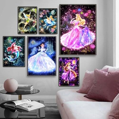 Disney Princess Elves Cartoon Poster Belle Tiana Watercolor Canvas Painting Prints Nursery Wall Art Kids Room Decor Gift Cuadros