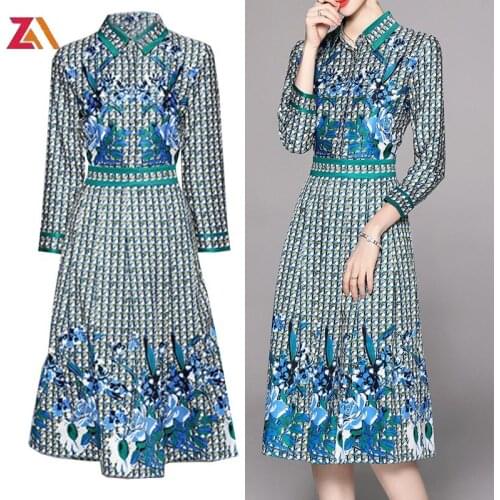 ZALady designer floral printed midi dress fashion french chic autumn long sleeve dot vintage dresses plus size women clothing
