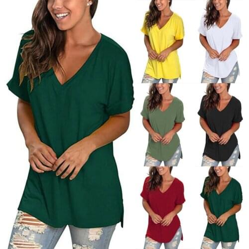 Frauen Kurzarm Tunika V-Ausschnitt Bluse Mode Oberteil T-Shirt Longtop Sommer