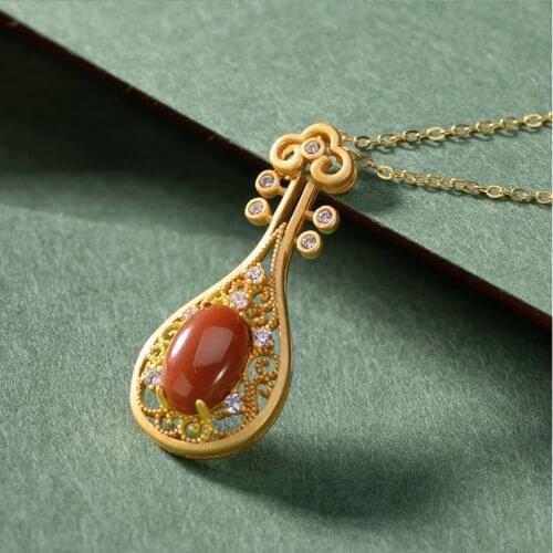 Natural Hetian Jade S925 Sterling Silver Southern Red Agate Fashion Personality Pipa High-End Ladies Necklace Pendant Necklace