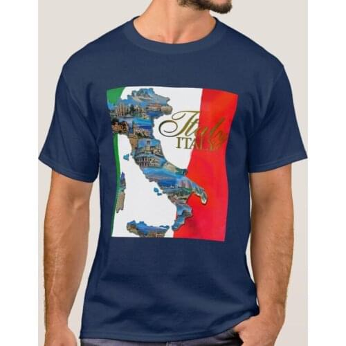 Italy "Boot" Map Small Postcard Images and Italian Flag Background T-Shirt. Summer Cotton Short Sleeve O-Neck Mens T Shirt New