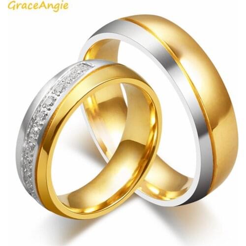 GraceAngie 1pc Lover Couple Classic Rings Titanium Steel Gold Silver Plated Ring Wedding Engagement Anniversary Jewelry