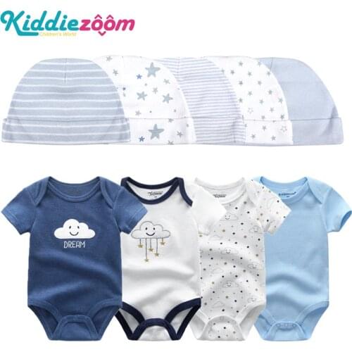 Summer Newborn Boys Girls Bodysuit Short Sleeve Baby Clothes Sets Infant Cotton Cartoon Print Bodysuit +Hat Baby Outfits