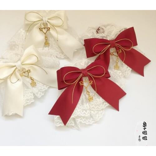 Lolita Hand Made Small Things Bride White Lace Elastic Hand Cuff Lolita Dark RED Bow Hand Cuff
