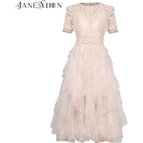 Janeyiren Fashion Designer Runway dress Spring Summer Women Dress Short sleeve Lace Patchwork Mesh Ball Gown Dresses