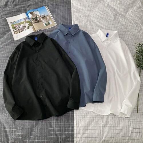 Long-sleeve Mens Non-iron Solid Color White Shirt Korean College Style Simple Base Shirt Youth Loose Daily Square Collar Tops