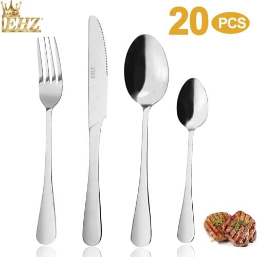 EHZ Cultery Set Of 20PCS Stainless Steel Tableware Knife Silver Dinnerware Mirror Polishing Knife Fork Spoon Set Steak Dining to