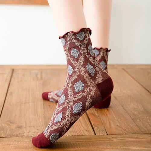 2020 New Vintage Argyle Edge Ethnic Wind Diamond Lady Loose Mouth Pile In Stocking FOR WOMEN 5 PAIRS/PACK