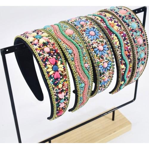Ethnic Bohemian Full Rice Beads Hairbands Colorful Beaded Flower Wide Hairbands for Women Crown Indian Tribal Hair Accessories