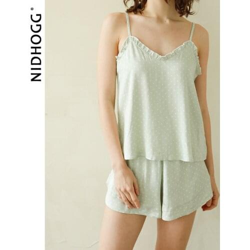 Summer Women Satin Sleeveless Pajamas Viscose Spaghetti Strap Shorts Pyjamas Polka Dot Printing Sleepwear Home Clothes 2 Piece