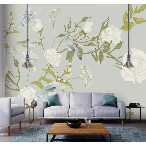 Custom mural wallpaper 3D Nordic hand-painted medieval tropical plants flowers and birds background mural decorative painting