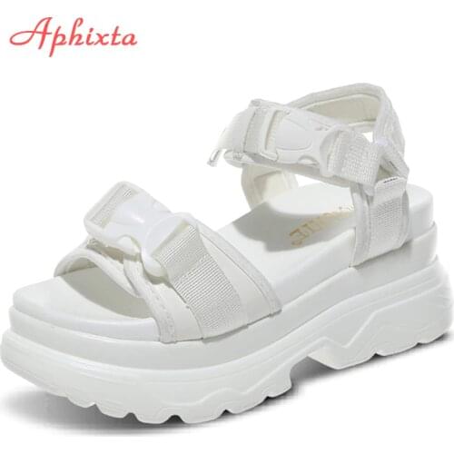 Aphixta 8cm Platform Sandals Women Shoes Wedge High Heels Buckle Canvas Summer Thick Sole Beach Shoes Chaussures Femme
