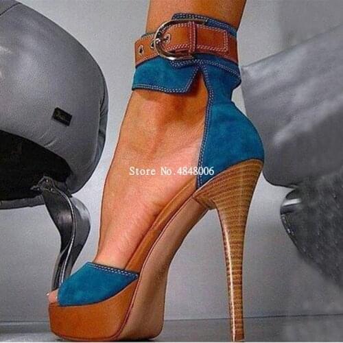 Blue Jean Platform Ankle Strap High Heels Sandals Woman Peep Toe Cover Heel Gladiator Summer Pumps Woman T Stage Party Shoes