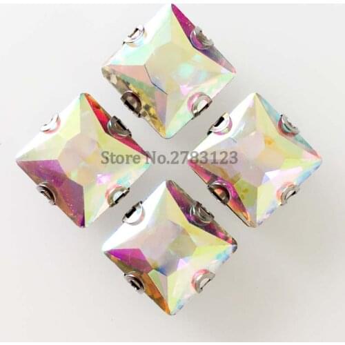 Scratch-resistant AB color square Silver bottom AAA Glass Crystal sew on stones, D claw loose rhinestones 20pcs/bag